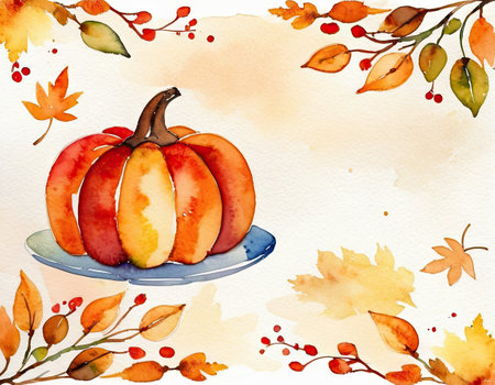 Watercolor autumn card with pumpkins and leaves. Hand drawn illustration.の素材