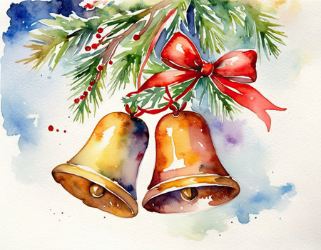 Watercolor illustration of Christmas bells on a branch of a Christmas treeの素材