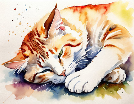 Watercolor painting of a sleeping cat on a white background with watercolor stainsの素材