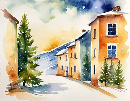Watercolor winter landscape with snow-covered houses. Hand drawn illustrationの素材