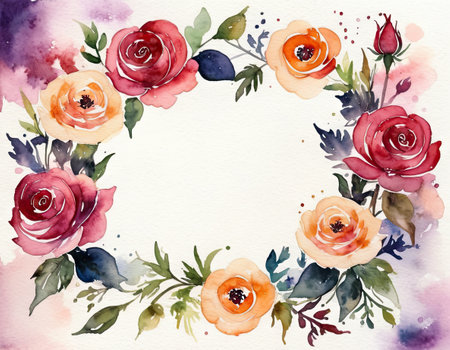 Watercolor floral background with roses and leaves. Hand drawn illustration.の素材