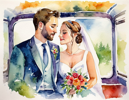 Watercolor painting of a beautiful bride and groom in a wedding carの素材