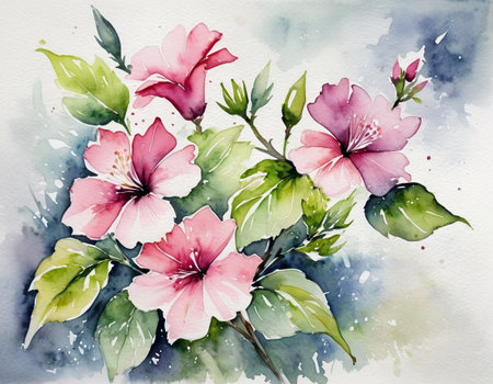 Watercolor painting of pink hibiscus flowers on white backgroundの素材