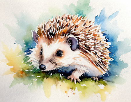 watercolor image of hedgehog on a background of blue watercolorの素材