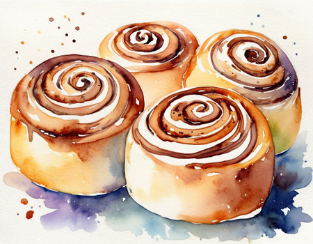 Cinnamon rolls. Hand drawn watercolor illustration on white background.の素材