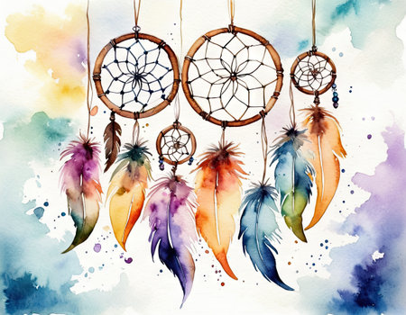 Watercolor dreamcatcher with feathers and beads. Hand drawn illustrationの素材