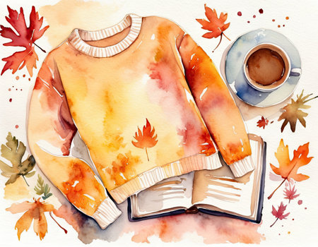 Autumn composition with sweater, coffee and books. Watercolor illustrationの素材