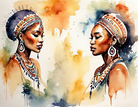 Watercolor illustration of two african women in traditional clothes. Boho style.の素材