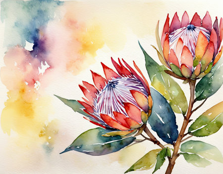 Watercolor illustration of protea flower. Hand drawn watercolor illustration.の素材