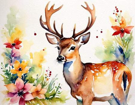 Watercolor deer with flowers on white background. Hand drawn illustration.の素材