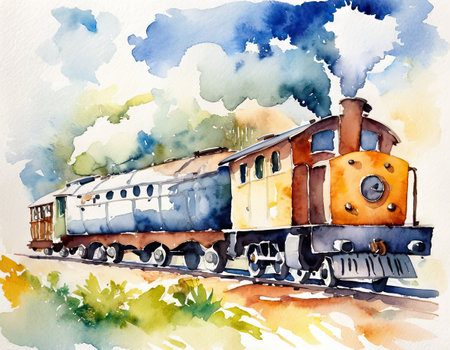 Steam locomotive. Watercolor illustration of old steam locomotive.の素材