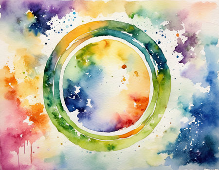 Watercolor circle frame with space for text. Watercolor background.の素材