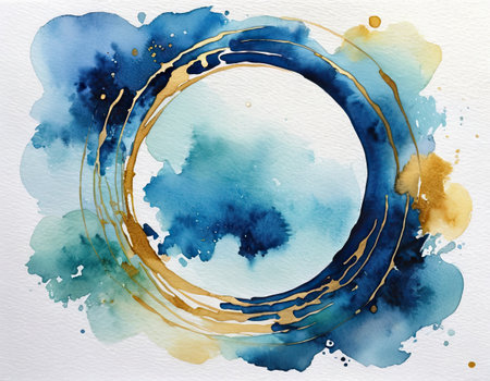 Abstract watercolor background with blue and yellow circles. Hand drawn illustration.の素材