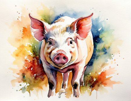 Watercolor illustration of a pig on a background of watercolor splashesの素材