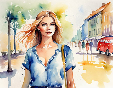 Watercolor portrait of a beautiful young woman walking in the city.の素材