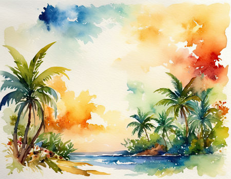 Watercolor tropical landscape with palm trees and sea. Hand drawn illustrationの素材