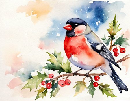 Watercolor bullfinch on a branch of holly. Christmas card.の素材