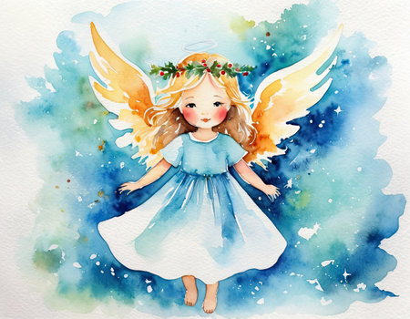 Watercolor illustration of a cute little angel in blue dress with wings.の素材