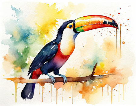 Watercolor toucan on a branch. Hand drawn watercolor illustrationの素材