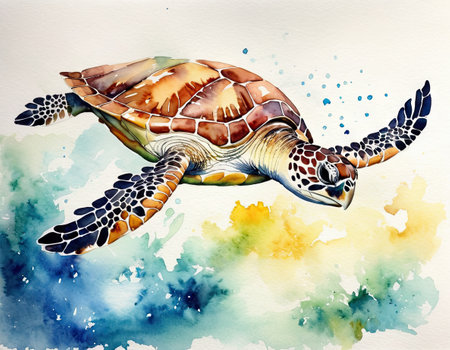 Watercolor illustration of a sea turtle on the background of the sea.の素材