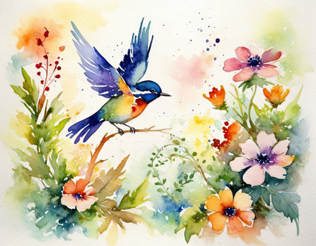 Watercolor illustration with a bird on a branch with flowers and leavesの素材