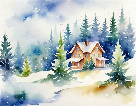 Watercolor winter landscape with a house in the forest. Illustrationの素材