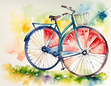 Watercolor illustration of a bicycle on a background of watercoloursの素材