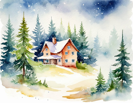 Watercolor winter landscape with house in the forest. Hand drawn illustrationの素材