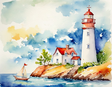 Hand drawn watercolor illustration of a lighthouse on the island with a sailboatの素材