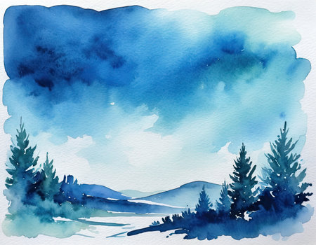 Watercolor landscape with mountains, forest and blue sky. Hand drawn illustration.の素材