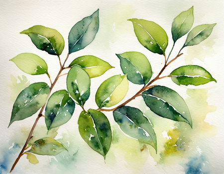 Watercolor illustration of a branch with leaves on a watercolor backgroundの素材
