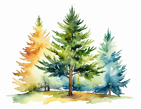 Watercolor illustration of a pine tree in the park. Hand-drawn illustration.の素材