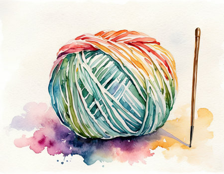 Watercolor illustration of a ball of yarn and knitting needles on a watercolor backgroundの素材