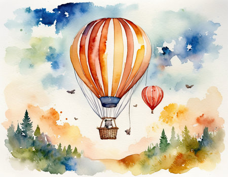 Watercolor illustration of hot air balloon in the sky. Hand drawn imageの素材