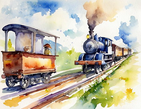 Watercolor illustration of a retro steam locomotive on the railway.の素材