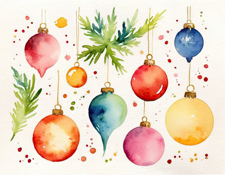 Watercolor Christmas balls and fir branches. Hand drawn vector illustration.の素材