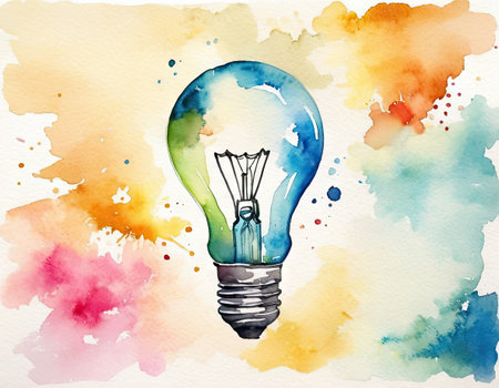 Watercolor light bulb on watercolor background. Hand drawn illustration.の素材