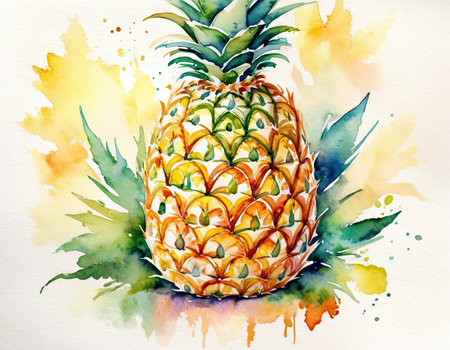 Watercolor pineapple on a white background. Hand-drawn illustration.の素材