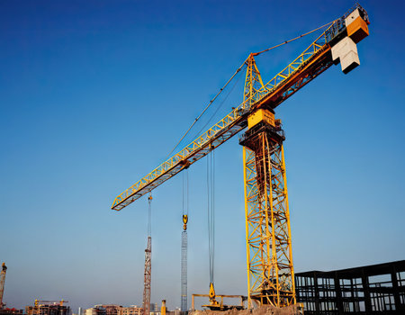 Construction site with cranes and building silhouettes on blue sky backgroundの素材