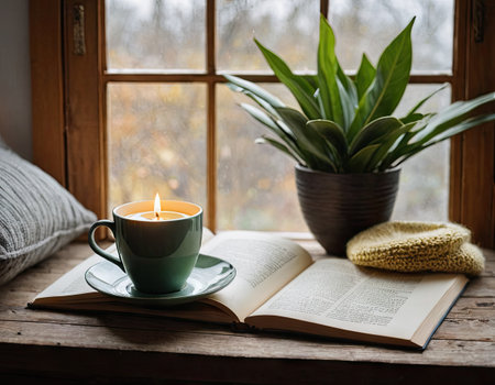 Cup of tea and book on the windowsill, cozy home interiorの素材