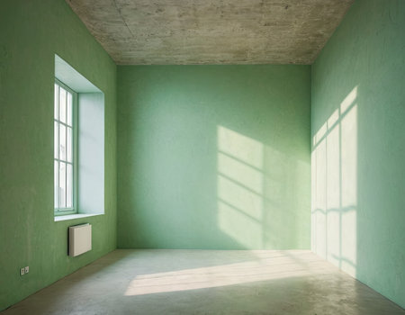 interior of empty room with green walls, concrete floor and windowの素材
