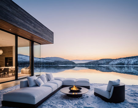 Luxury house on the lake in the evening. 3d renderingの素材