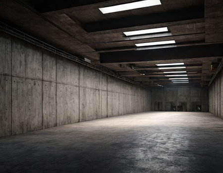 3d rendering of an empty room with a concrete floor and ceilingの素材