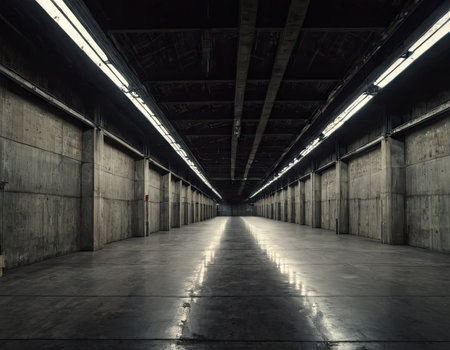 Interior of an empty warehouse, view from the ground floor.の素材
