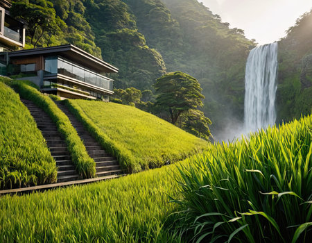 Terraced rice field in Bali, Indonesia with a waterfall in the backgroundの素材