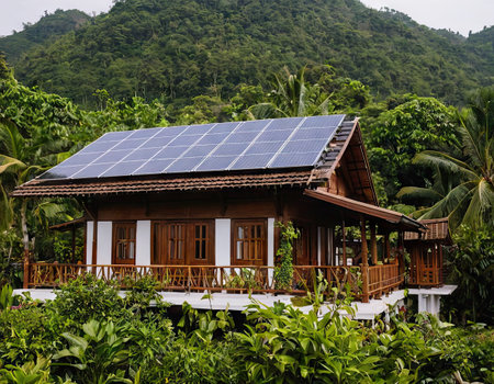 House with solar panels on the roof in the tropics, Thailandの素材