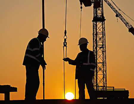 Silhouette of workers on the construction site at sunset background.の素材