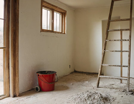 Interior of a room in an old house with a ladder and a bucketの素材