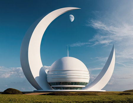 3D render of a crescent moon in front of a buildingの素材