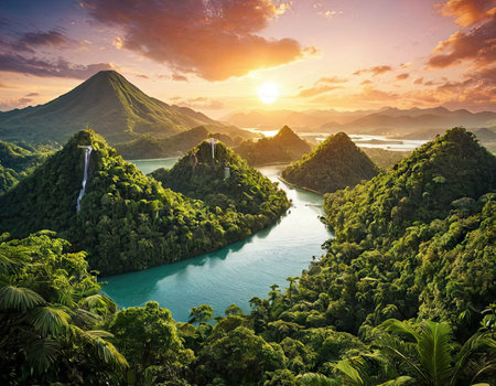 Tropical landscape with waterfalls at sunset, Bohol, Philippinesの素材